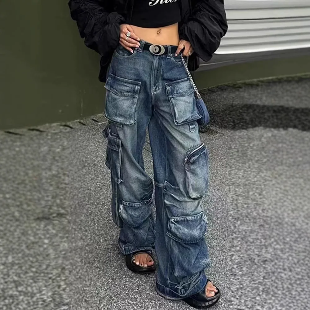 

American Retro Multi-pocket Workwear Jeans for Women, Street Hot Girls Style for All Four Seasons,Vintage Washed Wide-leg Jeans