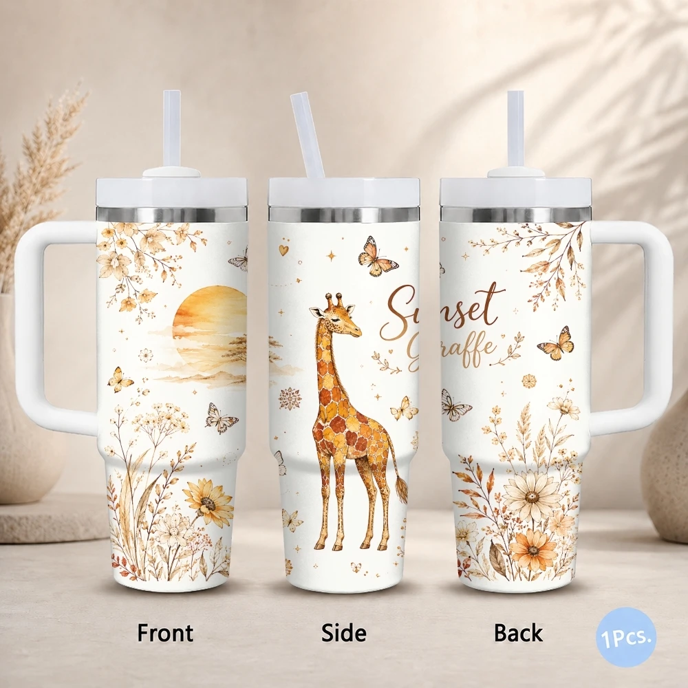 Boho Wildlife Giraffes Zebras Cattle Vacuum Flasks 40oz Stainless Steel Insulated Tumbler With Handle Straw Leakproof Travel Mug