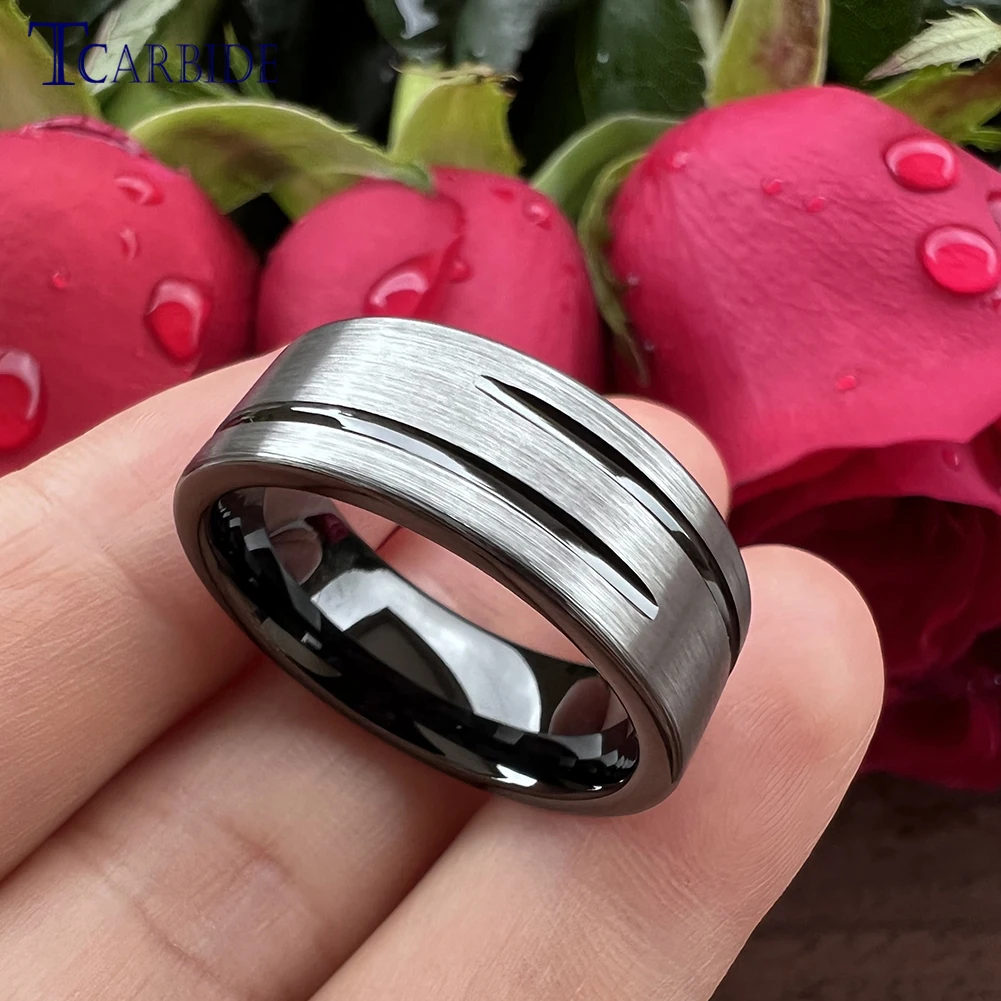 8MM Men Women Black Wedding Band Tungsten Carbide Ring Grooved Brushed Finish Cool Gift Jewelry Comfort Fit