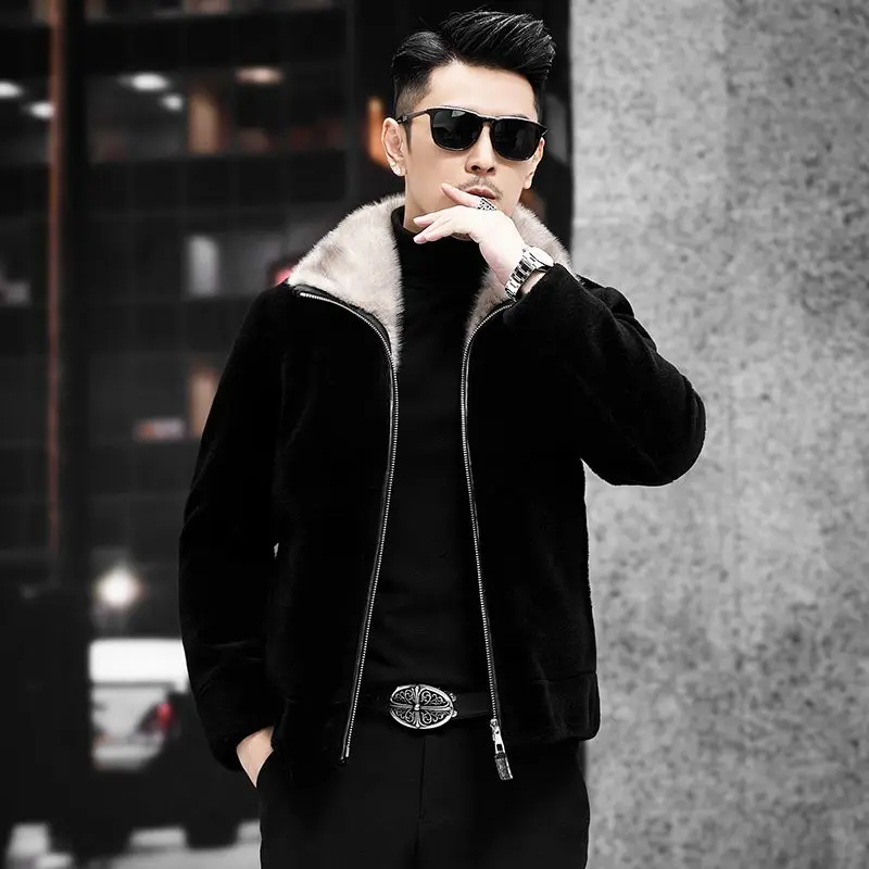 

2023 Winter Men New Fashion Genuine Lambswool Jackets Male Real Mink Fur Collar Overcoats Men Long Sleeve Warm Coats I534