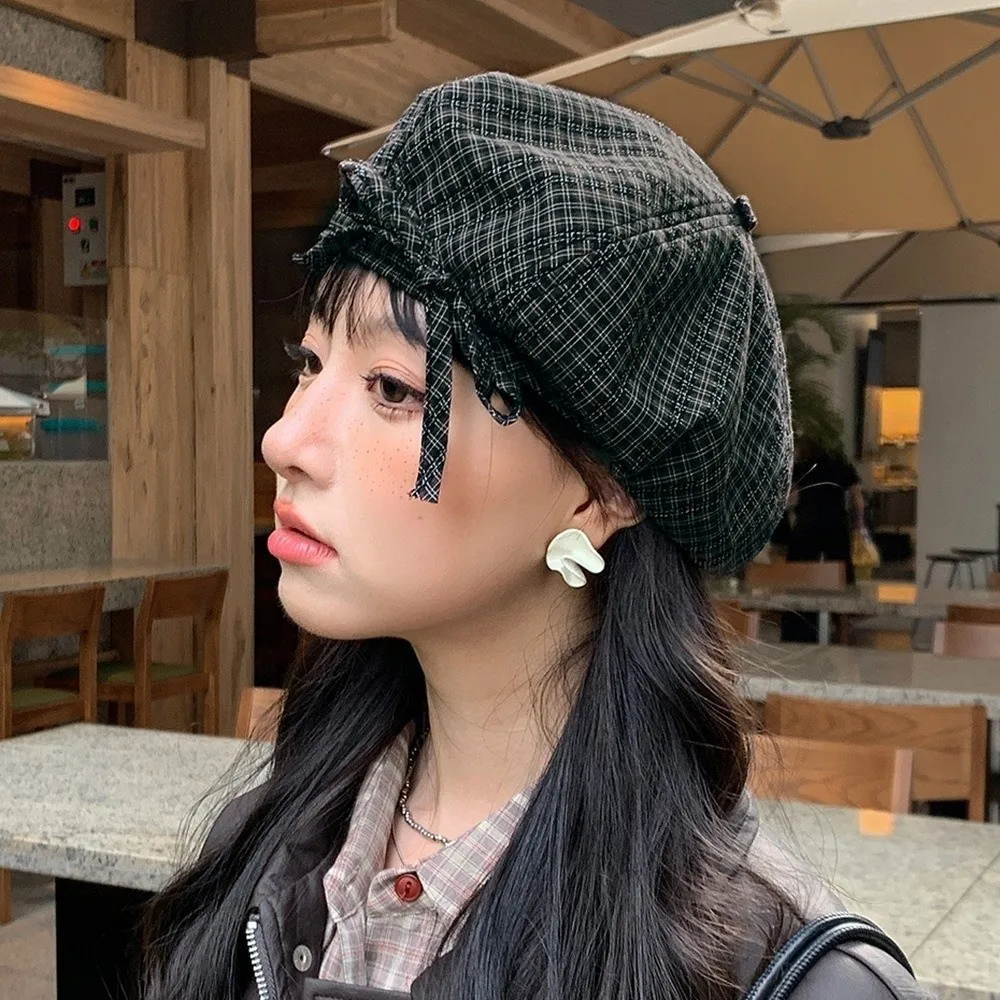 Retro Bow Plaid Beret Hat Keep Warm Lattice Women Painter Hat Korean Style Cloud Hat Women Octagonal Cap Girl