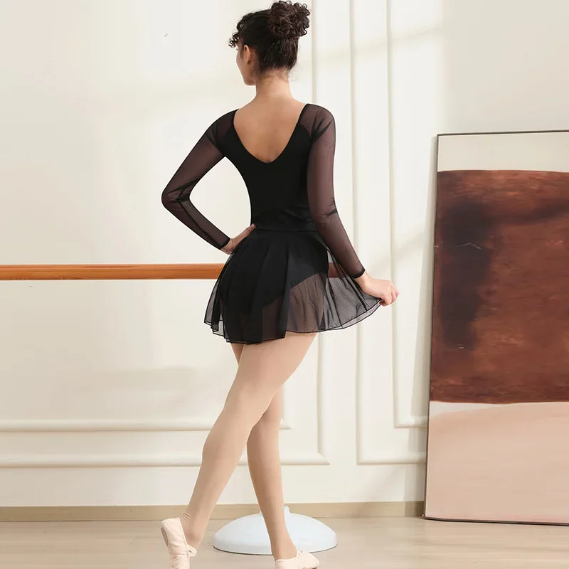 여성 긴 소매 발레 댄스 레오타드 탑 V 자형 메쉬 댄스 드레스 성인 댄스 스커트를위한 전체 앞 안감