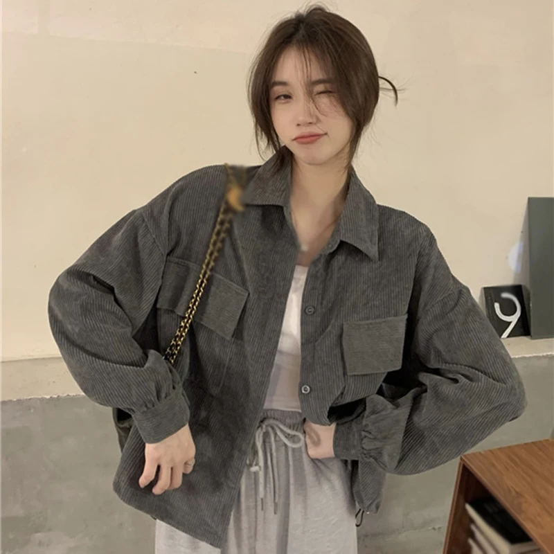 Women Casual Autumn Loose Corduroy Long-sleeved Shirt Turn-down Collar Retro Coats Solid Color Shirts