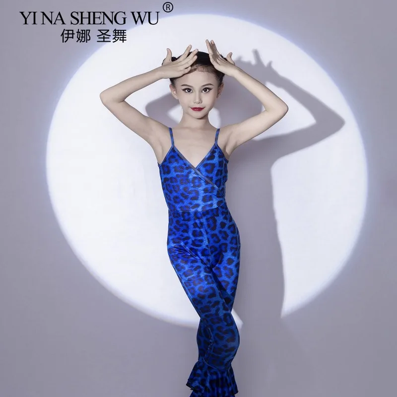 

Blue Leopard Latin Dance Clothes Girls Performance Suit Cha Cha Rumba Ballroom Dance Wear Kids Children Youth Practice Costume