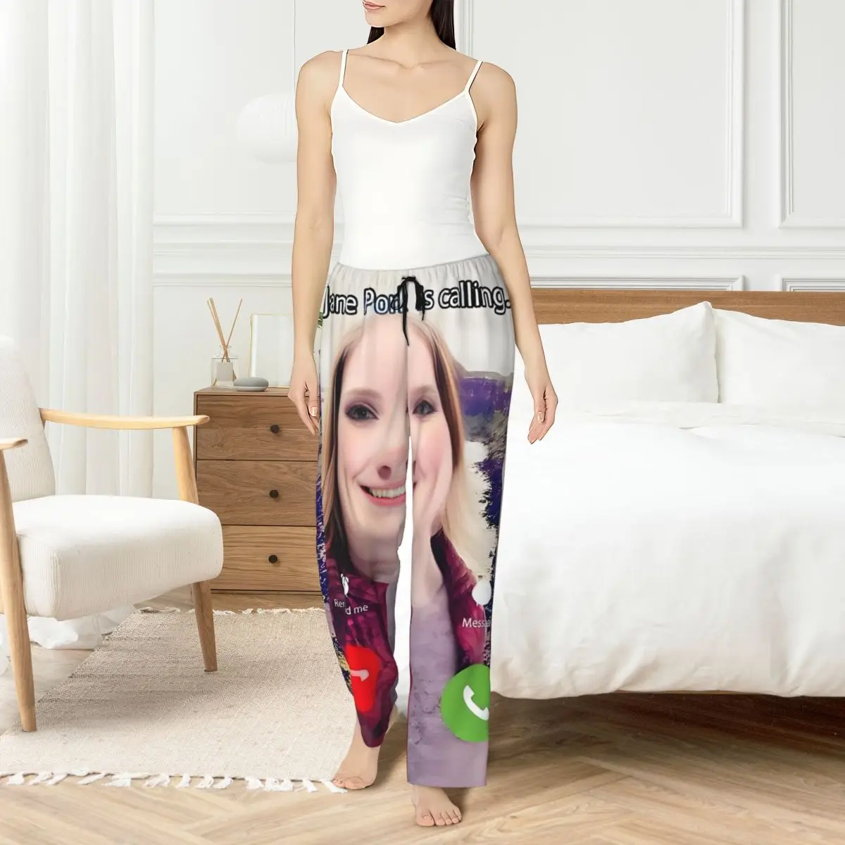 カスタムプリント「ジョン・ポークが呼んでいる」女性用パジャマパンツ、面白い豚柄スリープウェア、ポケット付きボトムス