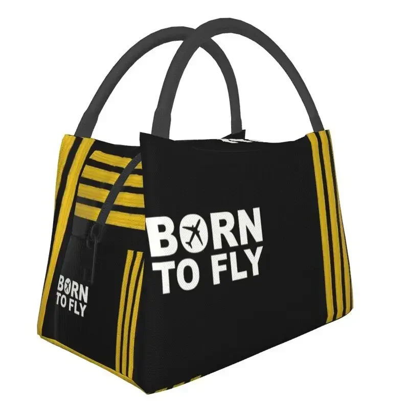 Born To Fly Captain Stripes Thermal Insulated Lunch Bags Women Pilot Air Fighter Resuable Lunch Tote Storage Meal Food Box