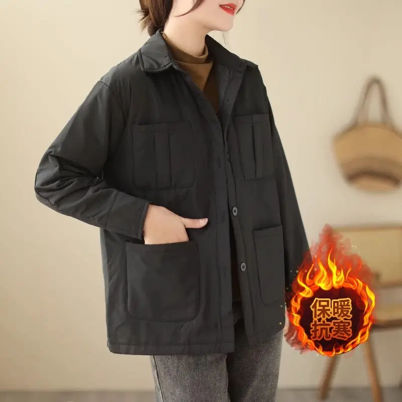 Causal Autumn Winter Quilted Shirt Jacket Women's Loose Big Size Vintage Turn Down Collar Trendy Short Cotton Padded Coat z318