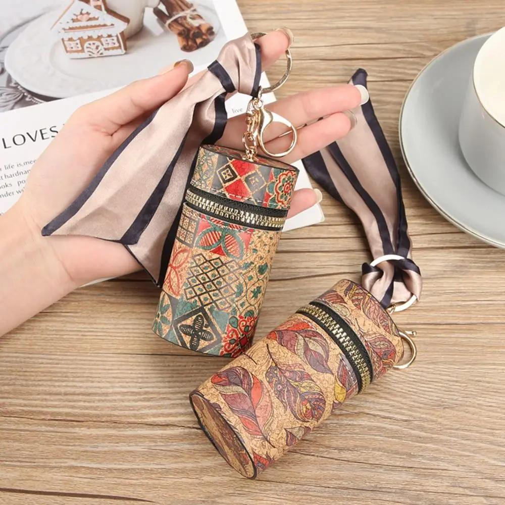 Retro PU Mini Lipstick Bag Cylindrical Cartoon Printed Bucket Bag Wood Grain Key Coin Purse for Woman Girls