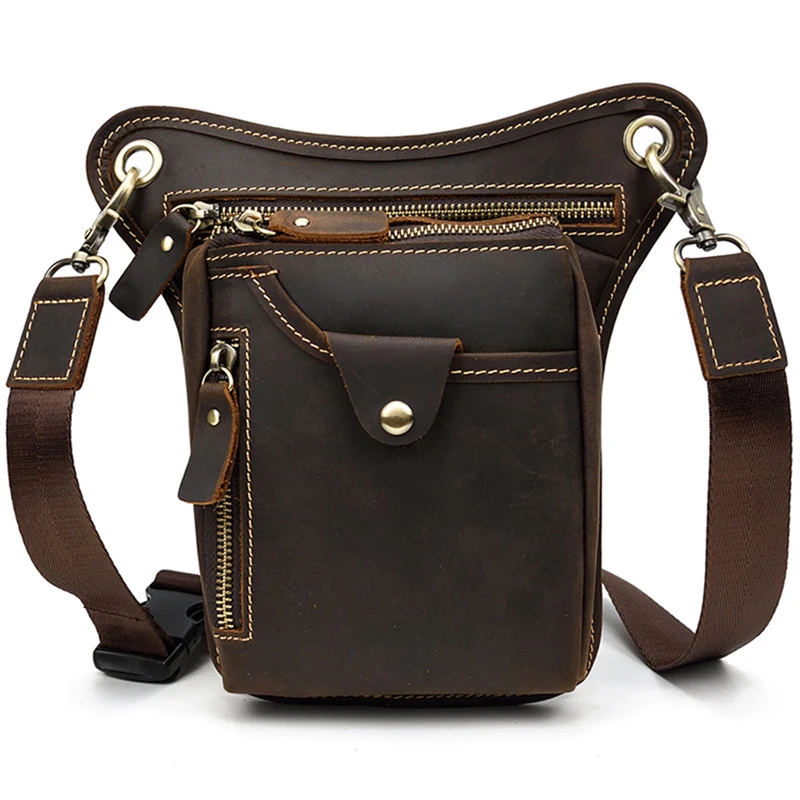 Waist Big Leg Bag Crazy Horse Leather Men Waist Fanny Pack Phone Pouch Bags Motorcycle Rider Shoulder Cross Body Casual Belt Bag