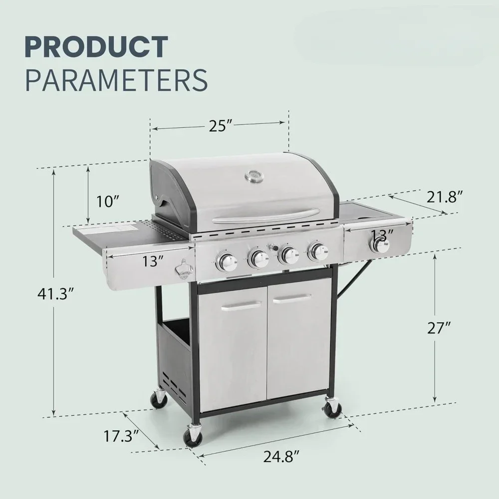 4-burner propane gas barbecue stove with side burner and enamel cast iron grille,42000 BTU output stainless steel barbecue stove