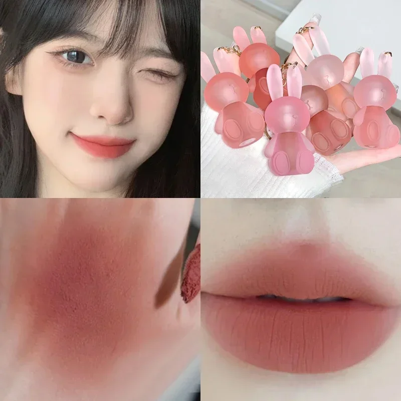 Matte Keychain Lip Gloss Waterproof Non-Stick Cup Long Lasting Moisturizing Cute Rabbit Nude Red Lip Glaze Tint Korean Cosmetics