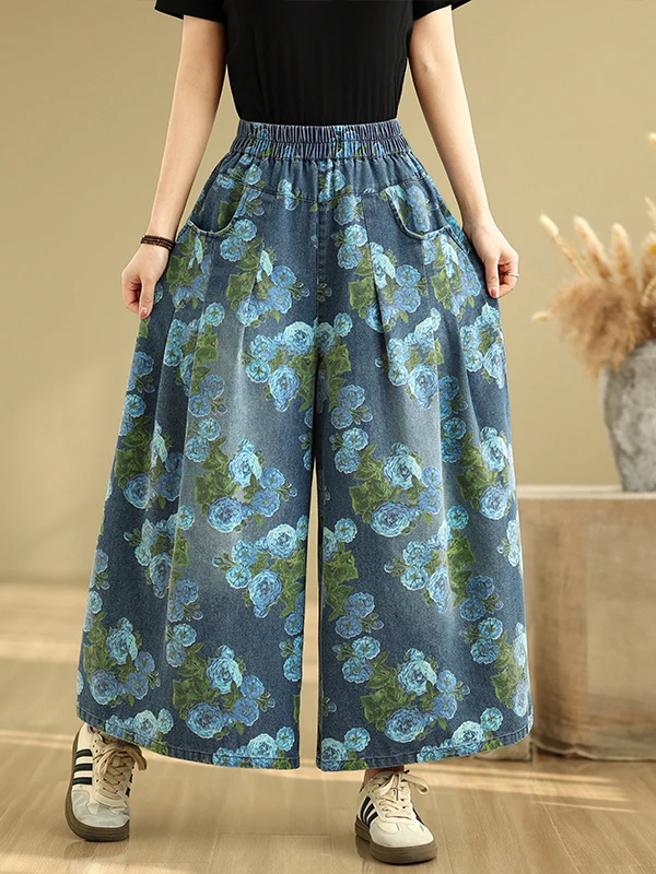 plus Size Denim Wide Leg Pants High Waist Nine Points Blue Jeans Elastic Waist Printed Casual Versatile Loose Fit Straight Leg