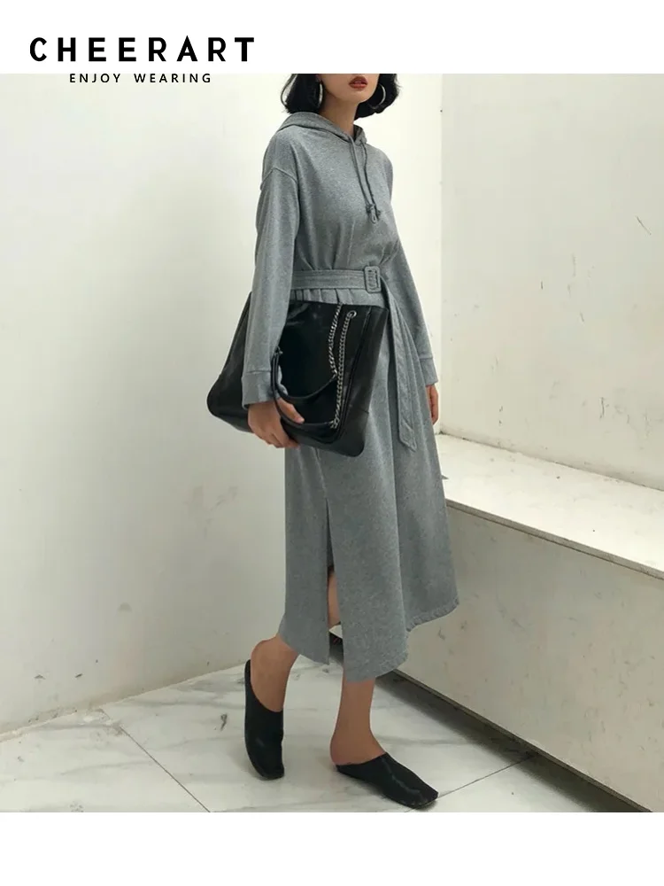 

Clearance Long Midi Sweatshirt Dress Women Long Sleeve Hood Lace Up Split Dress With Belt Grey Korean Fashion Dress Spring