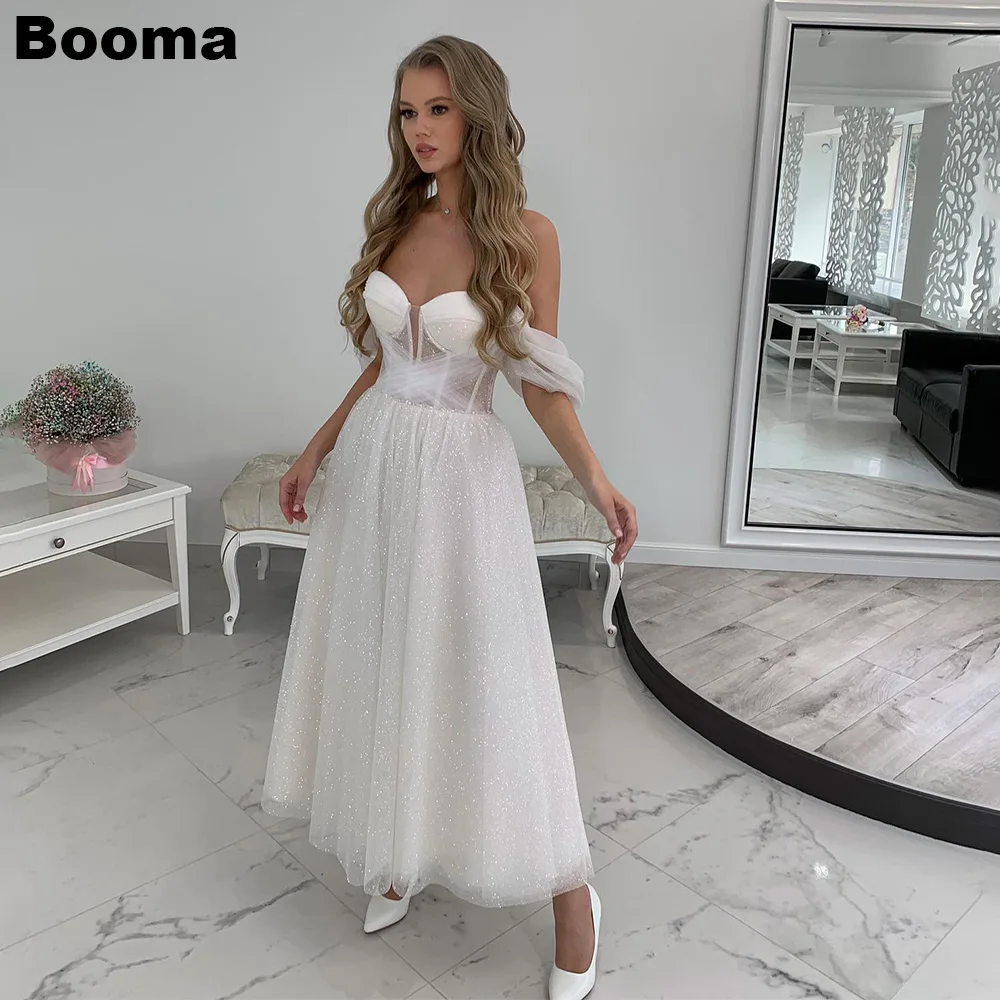 

Booma Gillter A Line Wedding Dresses Sweetheart Off Shoulder Boning Corset Bridal Gowns Ankle Length Bride Wedding Party Dresses