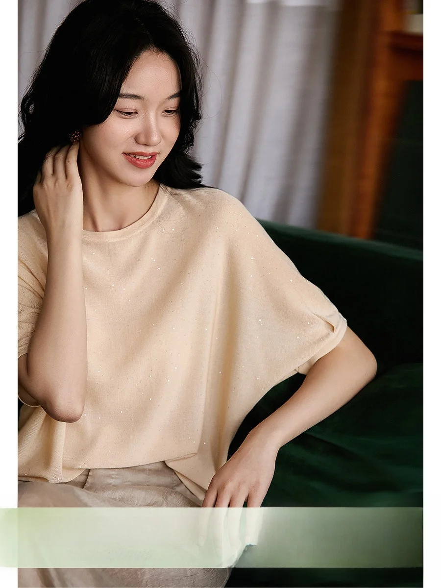 

Sequin Bling Loose Batwing Shirt Rylee Thin Summer New Women's Fashion Casual Style OL Commute Style Polyester Fiber