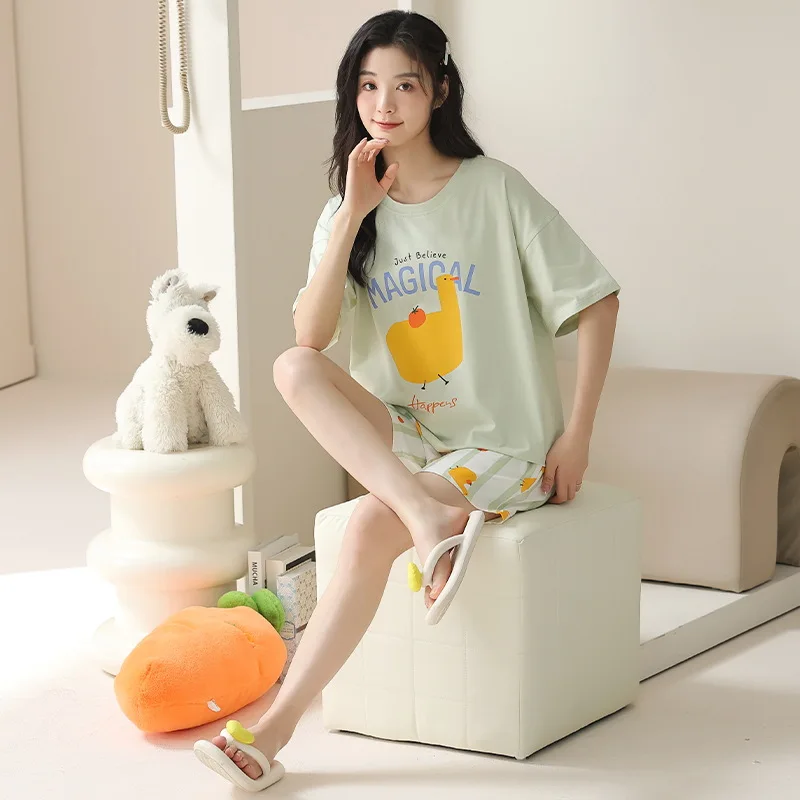 2026 Sommer Damen Schnelltrocknender Pyjama-Set mit Niedlichem Enten-Print - Weiches, Bequemes Kurzarm-Oberteil & Gestreifte Shorts Loungewear