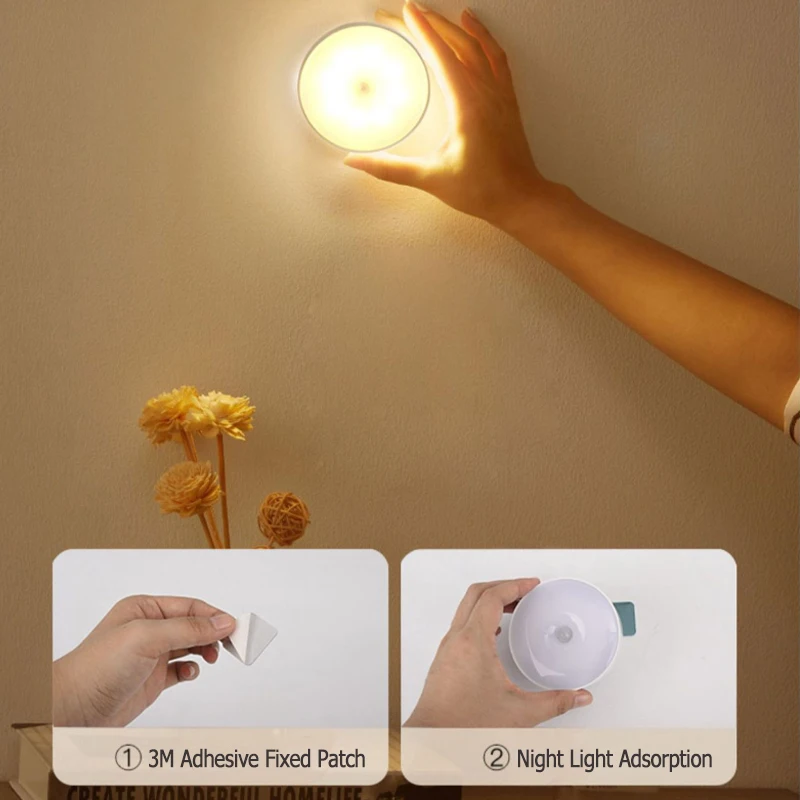 Luz con Sensor de cuerpo inteligente inalámbrico recargable, luz cálida/blanca para el hogar, pasillo, dormitorio, armario, luz LED nocturna para