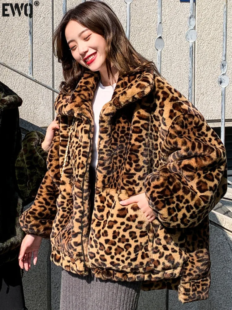 [EWQ] Elegant Leopard Print Faux Fur Coat Irregular Design Women Winter Keep Warm Thicken Fur Overcoats 2024 winter Jacket O3495