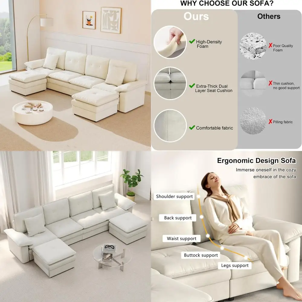 أريكة مقطعية على شكل حرف U مكونة من 6 مقاعد مع رغوة ذاكرة عالية الكثافة لمقعد مريح في غرفة المعيشة، وحدات كبيرة الحجم مقاس 117 بوصة #1