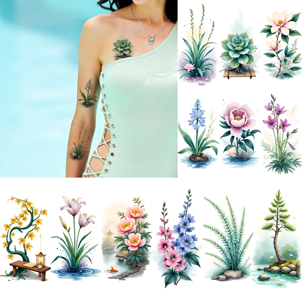 

9pcs Temporary Tattoo Decorative Flowers Temporary Tattoo Stickers Garden Flowers Watercolor For Shoulders Children Ladies