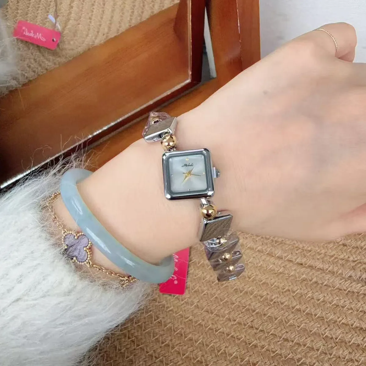 Ultra Thin Square Chain Quartz Watch for Women with Diamond Studded Steel Strap and Jewelry Clasp