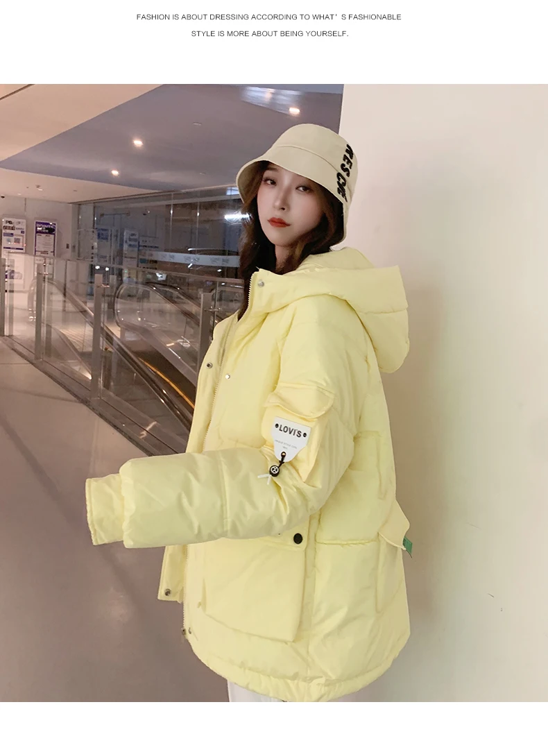 2022 Winter Down Cotton Jackets Women\'s Clothes Short Parkas Slim Hooded Warm Winter Coats Female Yellow Outerwear fp297