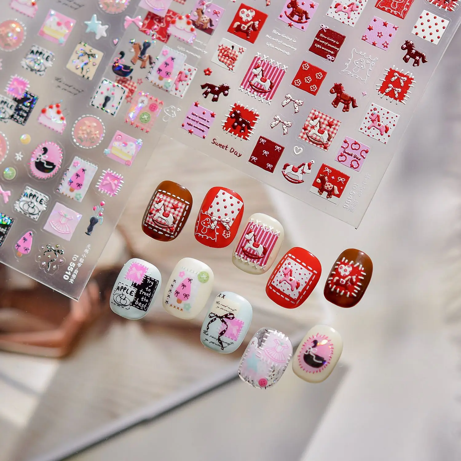 Cute Japanese Style Colorful Lucky Horse Swan Bowknot Dessert High Quality Nail Stickers Nail Art Decoration Decal Design T-5496