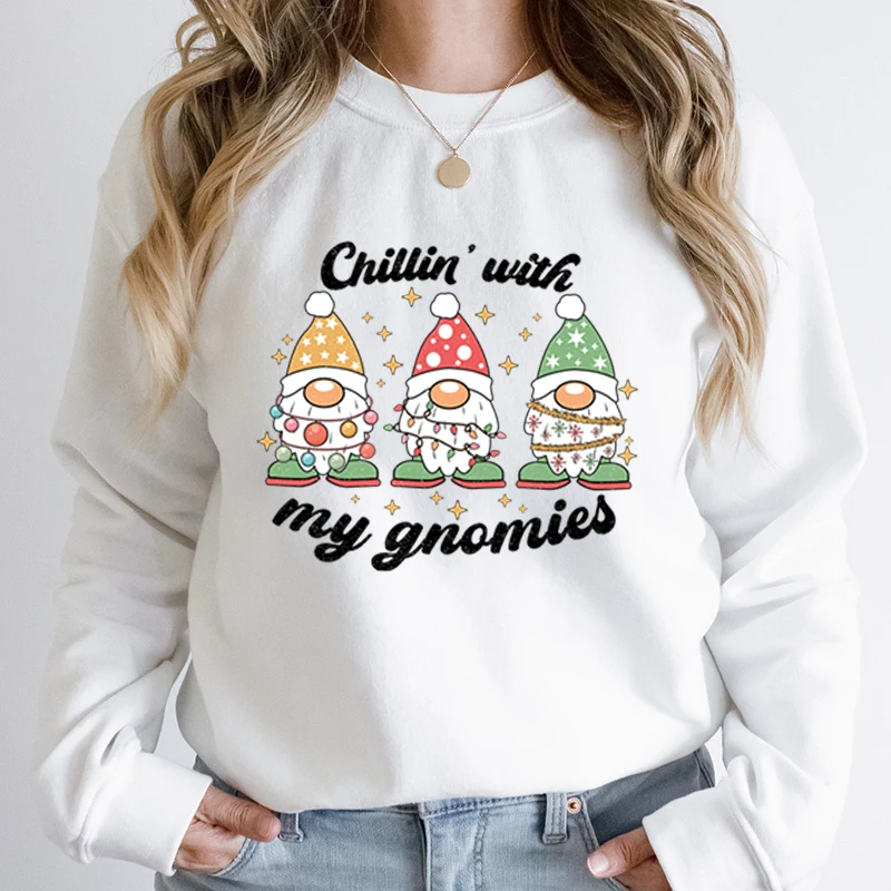 Women Hoodless Sweatshirts Christmas Light Chillin\'with My Gnomies Print Round Neck Pullover Christmas Solid Color Pullover Tops