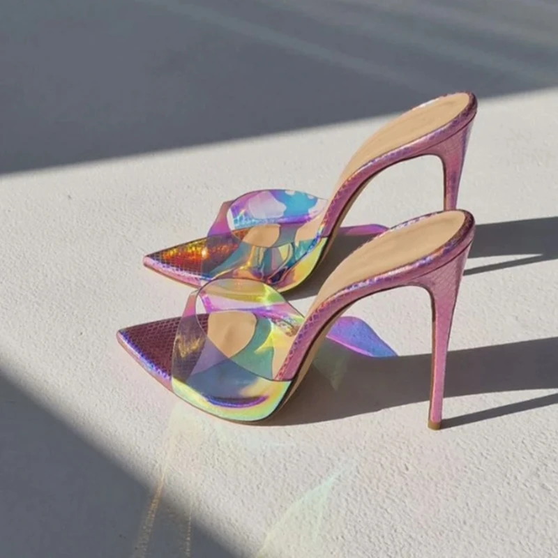 

Hologram Iridescent PVC High Heel Mules Pointed Toe Slip On Fluorescent Pink Snake Printed Leather Female Sandals Shoes