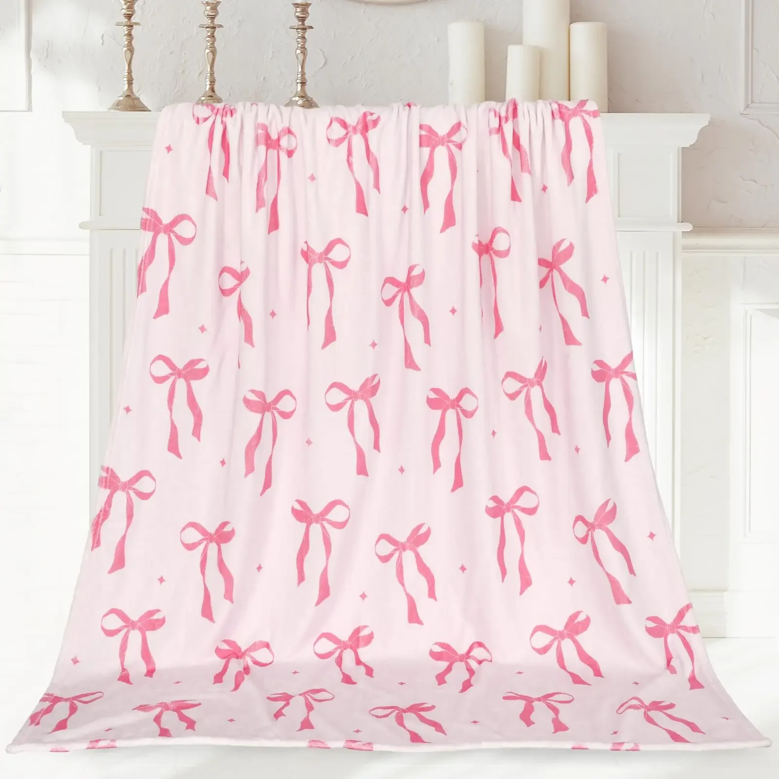 Soft Pink Watercolor Bow Pattern Flannel Blanket, Coquette Aesthetic Tiny Star White Base Fleece Throw Blanket, Lightweight Warm