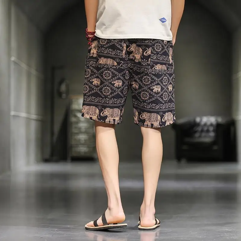 Male Breathable Short Pants Print Summer Cotton Linen Shorts for Men Ethnic Style Sports Shorts Men's Casual Beach Shorts