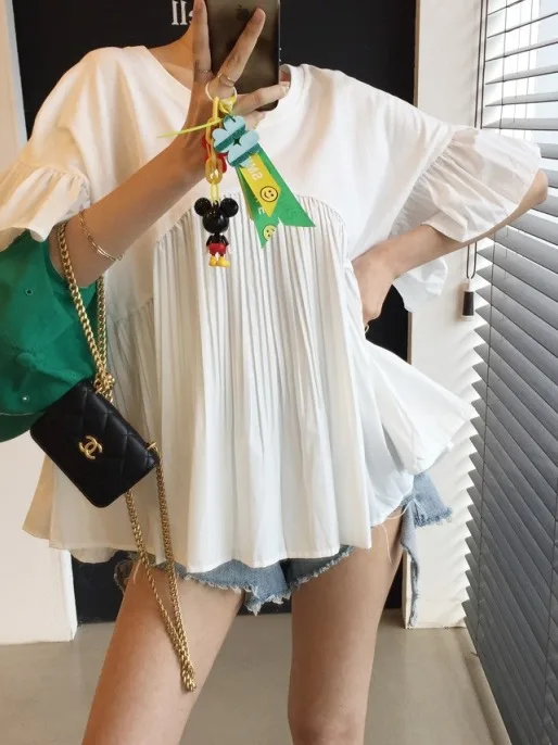 White ort Sve T-irt Women's Korean Faion Loose Design Splicing Batwing Sve Anti-Aging Doll irt Summer Top