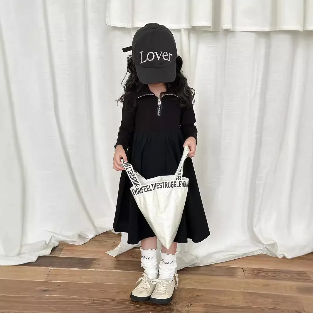 Girls Casual Dresses Black Long-sleeved Zipper Patchwork Dress Toddler Girl Clothes Party Dress for Kids Girl 2 To 7 Years