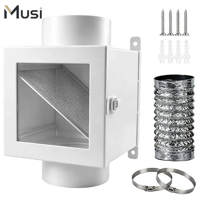 Indoor Dryer Vent Kit 4 Inch Lint Trap Box with Flexible Aluminum Exhaust Hose Clamps and Mounting Screws for Dryer Ventilation