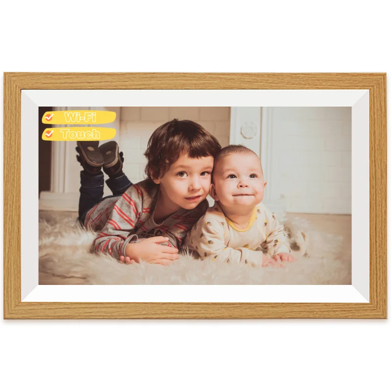 

Yellow Wooden Electronic Photo Frame 15.6'' Wireless WIFI Digital Frame With Uhale App