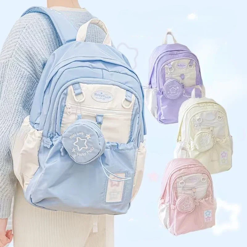 Women Students Contrast Color Drawstring Schoolbags Patchwork Kawaii Fashion Backpacks All Match Sweet Cute Backpack Y2k Korean