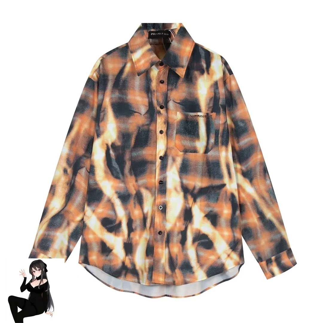 

24ss Orange Fold Y/project Flame Print Plaid Shirt Men Women 1:1 Best Quality Casual Loose Long Sleeve Shirt V-shape Blouse