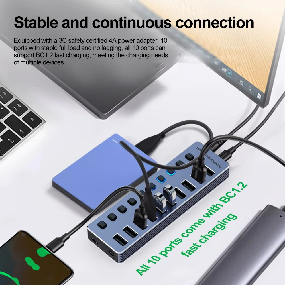 10/7 in 1 Powered USB HUB USB 3.0 Interface Individual Switch Heat Dissipation with On/Off Switches 12V Power Adapter for Laptop view 4