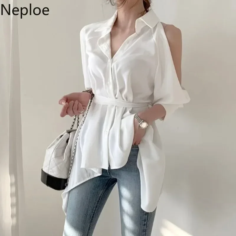 Neploe-襟を折りたたんだ女性用透かし彫りブラウス,ファッショナブルなシャツ,裸の肩,無地,新しい春,夏,2021,1a822