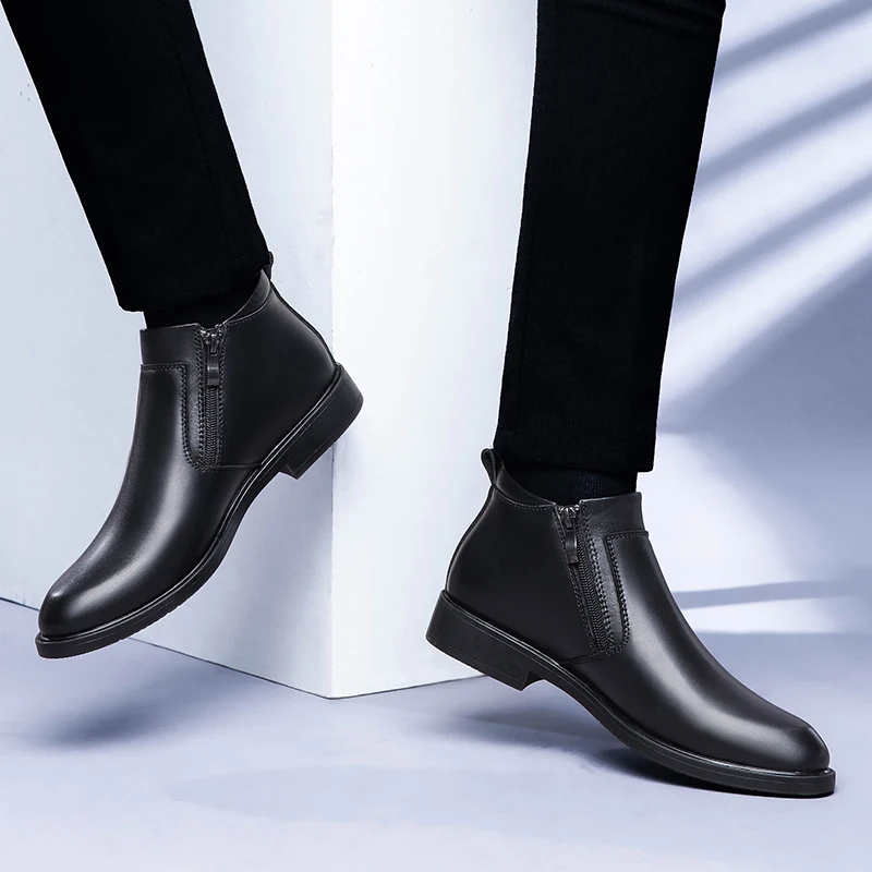 2024 marca clássica de inverno botas de tornozelo masculino quente design de pelúcia sapatos casuais de couro genuíno solas de massagem sapatos de negócios