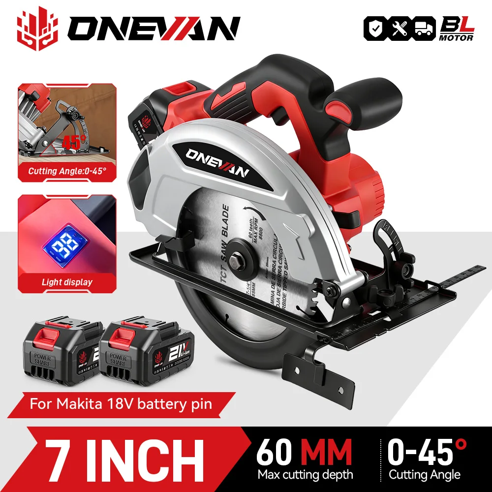 ONEVAN 7Inch 185mm Brushless Electric Circular Saw 11000RPM LED Cordless Efficient Woodworking Cutter For Makita 18V Battery Pin