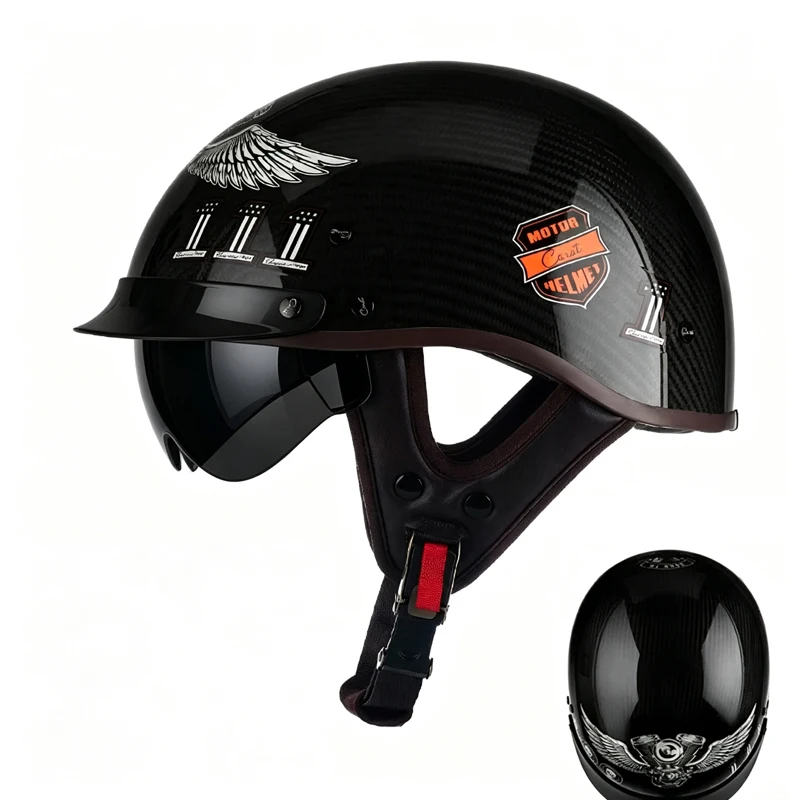Carbon Fiber Motorcycle Half Helmet, Retro Lightweight 3C Certified Open‑Face Helmet for Men & Women, All‑Season for Motorbike &