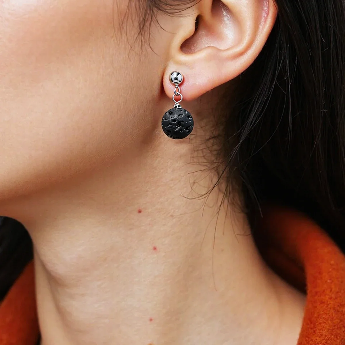 

925 Silver Natural Lava Stone 8mm Earrings Natural Gems perfume Christmas Gift Simple and Fashionable Lava Stone Women Earrings