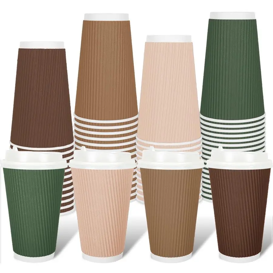 

100Pcs Woodland Themed Disposable Coffee Cups with Lids 16oz Brown Green Paper Cup Corrugated Ripple Wall Insulated Hot Cup for