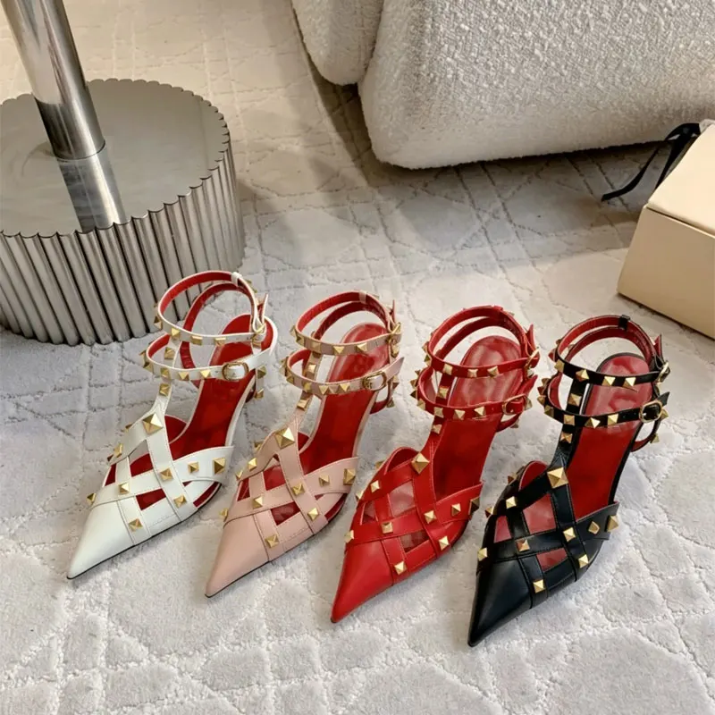 Women's Punk Rivet Pointed Toe High Heels T-Strap Gladiator Sandals 2026 Fashion Party Stiletto Dress Shoes