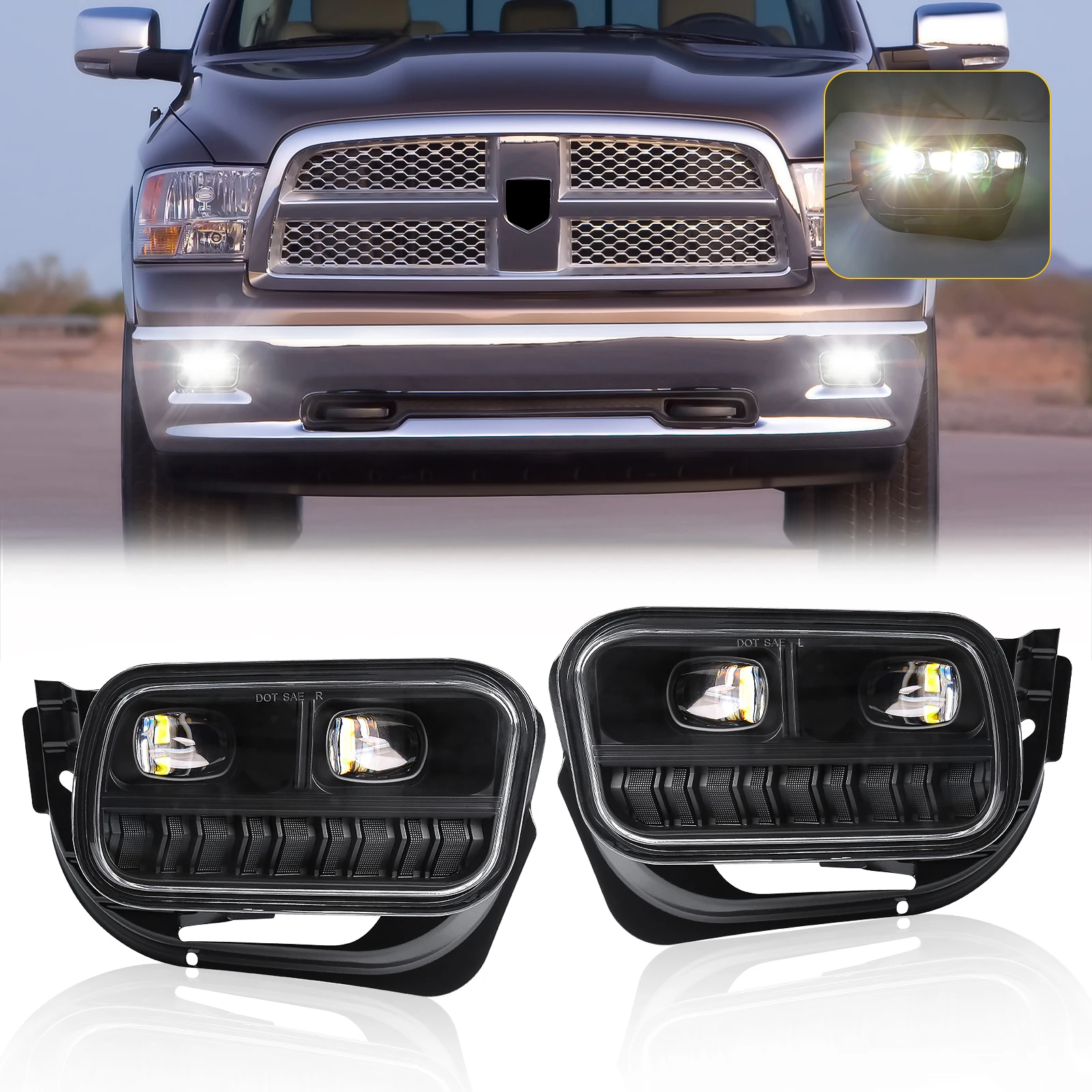 Car Front Bumper Fog Lamp Assembly For Dodge Ram 1500 2500 3500 2009-2018 White LED DRL Daytime Running Light Driving light 12V