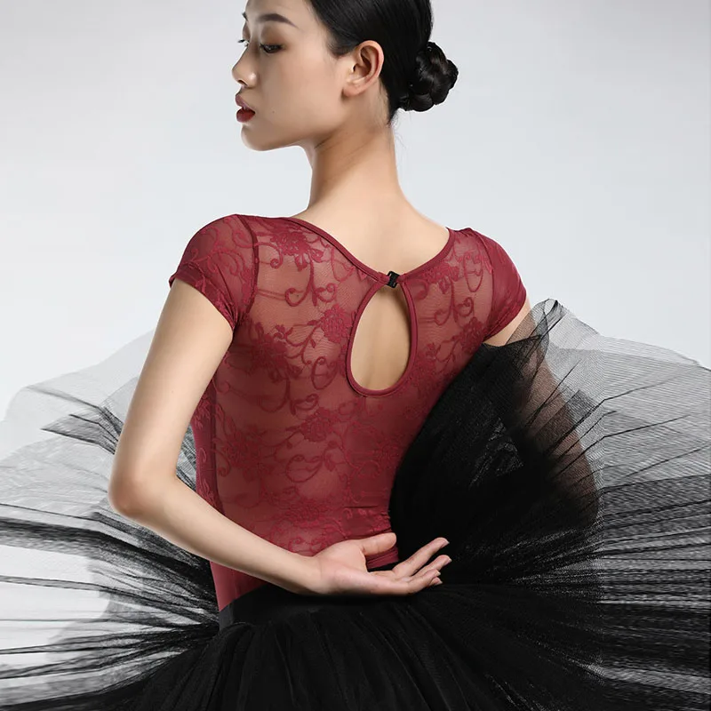 Ballet Leotard Adult Swimsuit for Dancing Women Dancewear Lace Flower Net Short Sleeve Bodysuit Gymnastic Classic Dance Costume