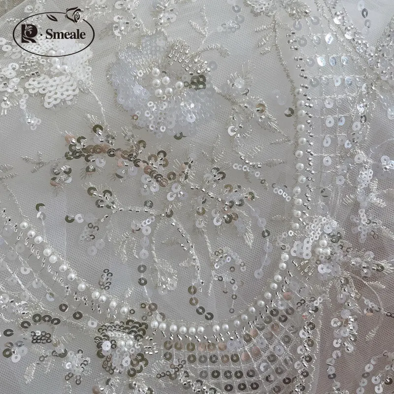 3D Lace Fabric off white Beaded Sequin Wedding Dress Advanced Custom-made Sewing Fabric