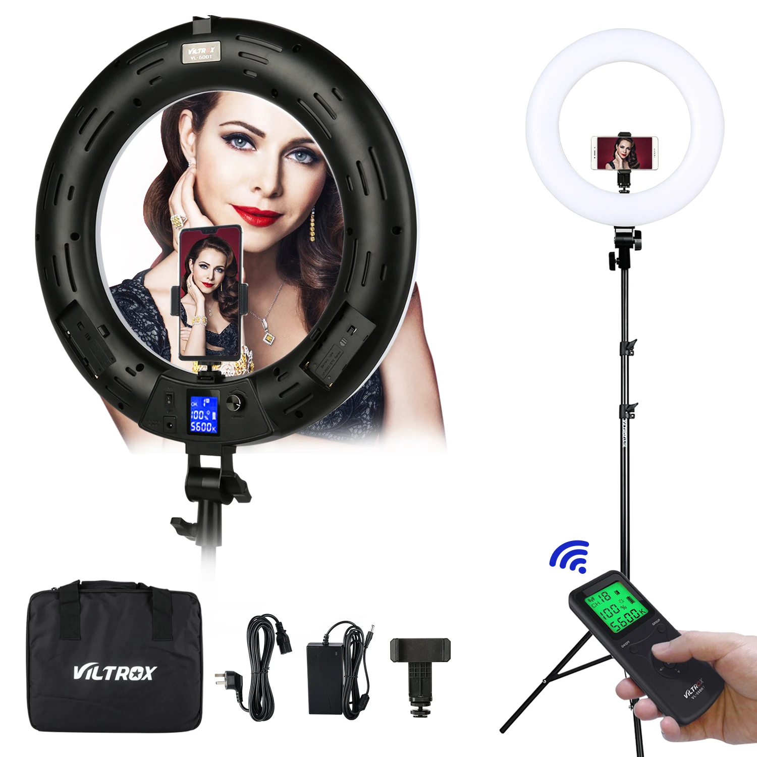 ชุดไฟวงแหวน LED Viltrox VL-600T 45W ขนาด 18 นิ้ว พร้อมรีโมทไร้สาย ขาตั้งกล้อง ชุดไฟ LED สองสี สำหรับแต่งหน้า ถ่ายวิดีโอ