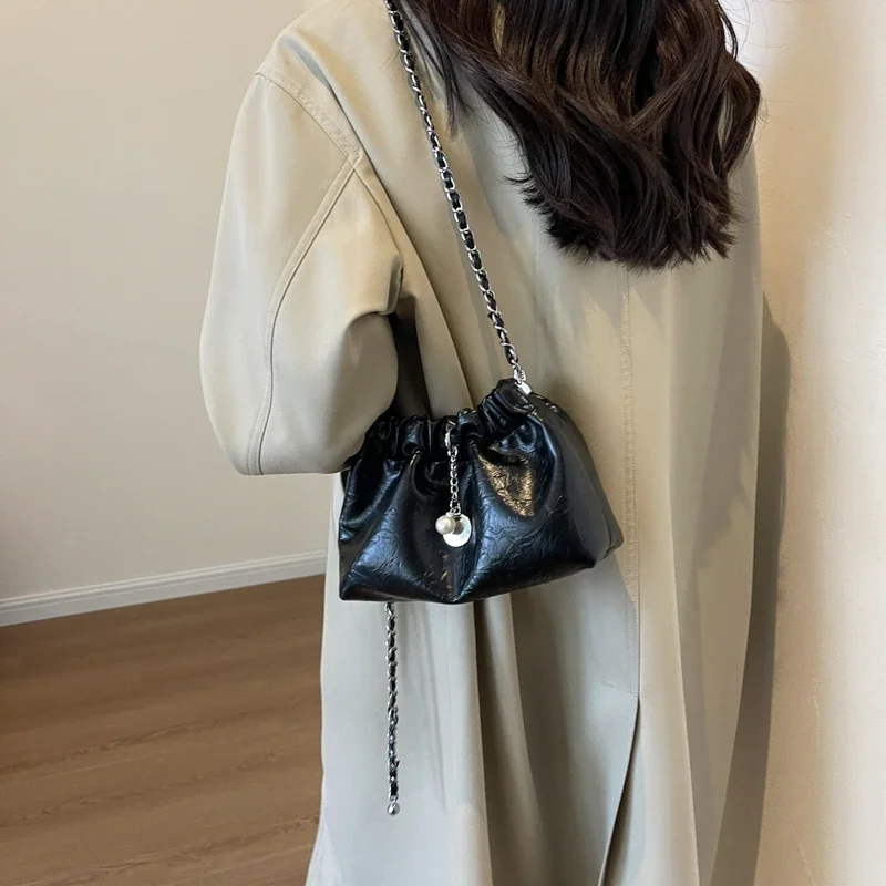 LEFTSIDE Small Silver Crossbody Bags for Women 2023 Korean Fashion Designer Female Bucket Bag Lady Chain Drawstring Handbags